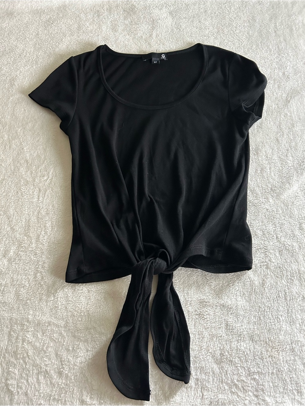 G by GUESS Black Ribbed Tie Front Short Sleeve Top Size S